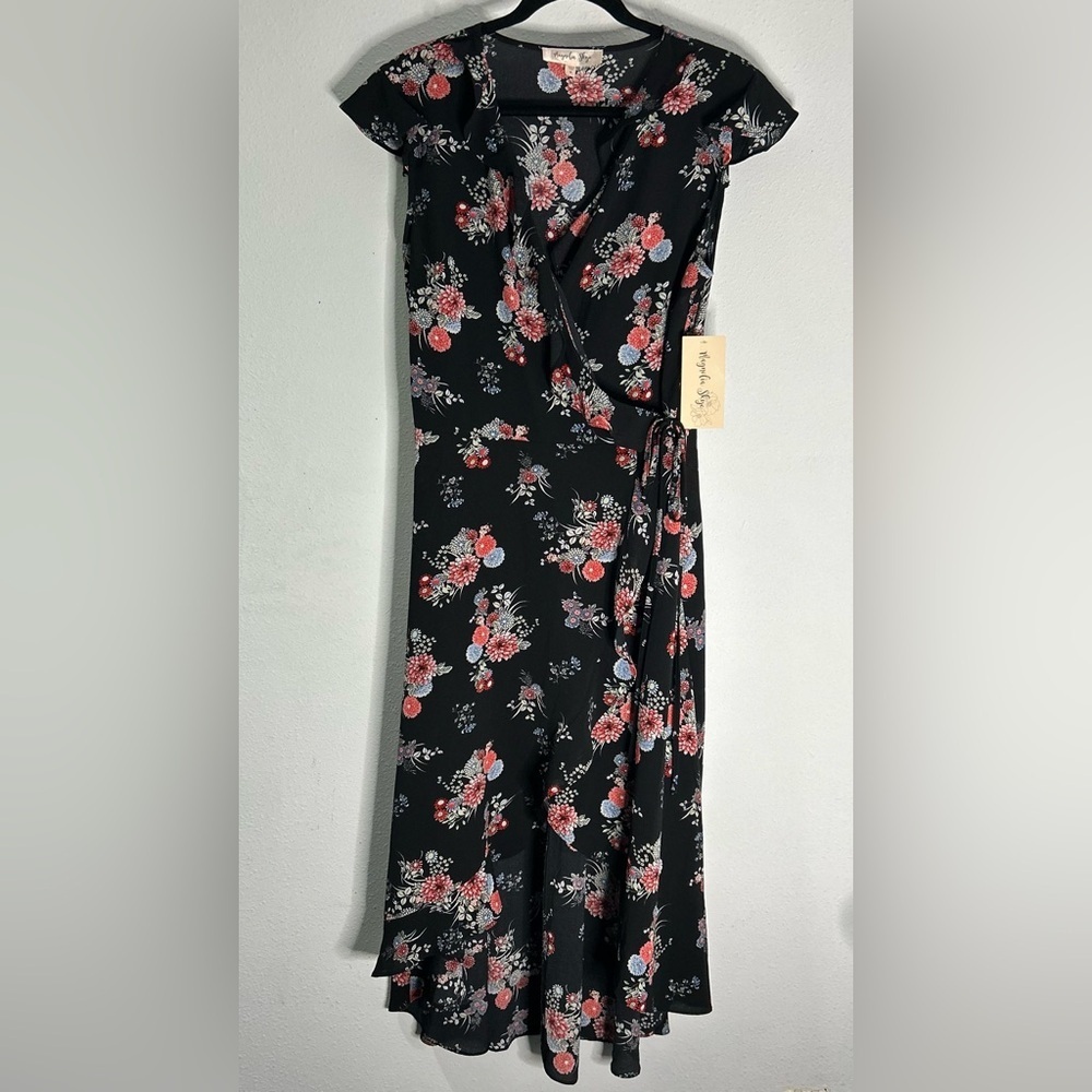 Magnolia Skye Black Floral Midi Wrap Dress Size XL